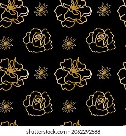 Vector seamless pattern with Floral botanicals hand drawn golden line on black background.Flowers repeating print  in doodle style.Design for textiles,packaging,wrapping paper,scrapbook paper. 