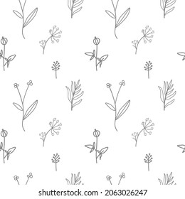 Vector seamless pattern with Floral botanicals hand drawn gray line. Flowers repeating print with plants in doodle style.Design for textiles,packaging,social media,wrapping paper,scrapbook paper. 