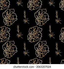 Vector seamless pattern with Floral botanicals hand drawn golden line on black background.Flowers repeating print  in doodle style.Design for textiles,packaging,wrapping paper,scrapbook paper. 