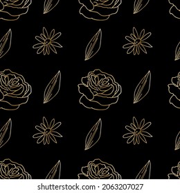 Vector seamless pattern with Floral botanicals hand drawn golden line on black background.Flowers repeating print  in doodle style.Design for textiles,packaging,wrapping paper,scrapbook paper. 