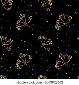 Vector seamless pattern with Floral botanicals hand drawn golden line on black background.Flowers repeating print  in doodle style.Design for textiles,packaging,wrapping paper,scrapbook paper. 