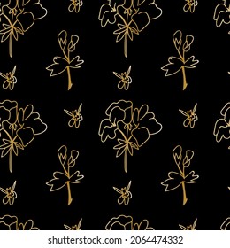 Vector seamless pattern with Floral botanicals hand drawn golden line on black background.Flowers repeating print  in doodle style.Design for textiles,packaging,wrapping paper,scrapbook paper. 