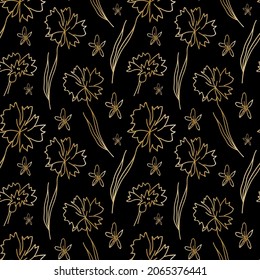 Vector seamless pattern with Floral botanicals hand drawn golden line on black background.Flowers repeating print  in doodle style.Design for textiles,packaging,wrapping paper,scrapbook paper. 