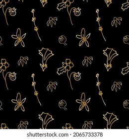 Vector seamless pattern with Floral botanicals hand drawn golden line on black background.Flowers repeating print  in doodle style.Design for textiles,packaging,wrapping paper,scrapbook paper. 