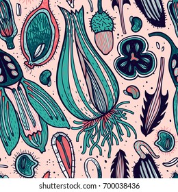  vector seamless pattern with floral bulbs,seeds, petals and other floral elements