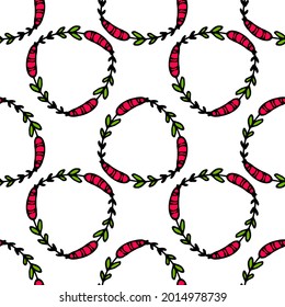 Vektor Nahtlose Muster von Blumenkreisen. ein Muster von Kreisen im Doodle-Stil aus einem Zweig mit roten Beeren und grünen Blättern auf weißem Hintergrund in geometrischer Reihenfolge für ein Design