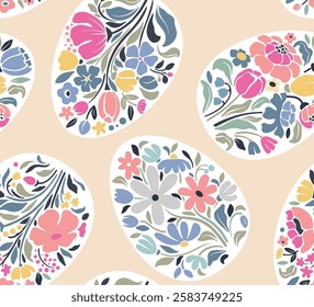 Vector seamless pattern. Floral Easter spring background with ornate floral eggs in pastel colors.