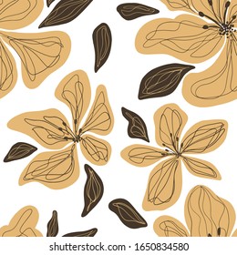 Vector seamless pattern with floral,  element. Pattern with a yellow flower from lines on a white isolated background. Use in textiles, clothing, wallpaper, design, concentration, wrapping paper.