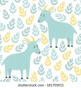 Vector seamless pattern with floral element and cute goats on the white background