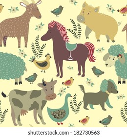 Vector seamless pattern with floral elements and cute farm animals: cow, horse, pig, sheep, goat, dog, hen with chickens, goose 