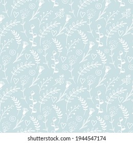 Vector seamless pattern with floral elements. Scandinavian Easter background. Spring illustration. Hand drawn flowers, willow branches, floral, leaves. Cute spring and Easter background
