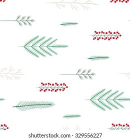 Vector seamless pattern of floral elements  tree branch, fir, twig and berries. Botanical horizontal background
