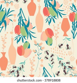 Vector seamless pattern with floral elements, spring flowers, tulips, lilies and vases, vector illustration