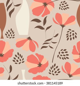 Vector seamless pattern with floral elements, spring flowers, poppies and vases, vector illustration