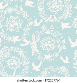 vector seamless pattern with floral garlands, birds and nests