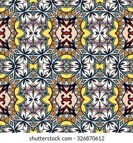 Vector seamless pattern, floral geometric ornament, tribal ethnic arabic indian motif. Hand drawn abstract sketchy background. Repeating fabric texture