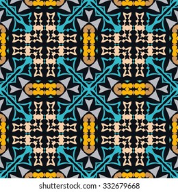 Vector seamless pattern, floral geometric ornament, tribal ethnic Arabic Indian motif. Hand drawn abstract sketchy background. Repeating fabric texture