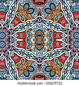 Vector seamless pattern, floral geometric ornament, tribal ethnic arabic indian motif. Hand drawn abstract sketchy background. Repeating fabric texture