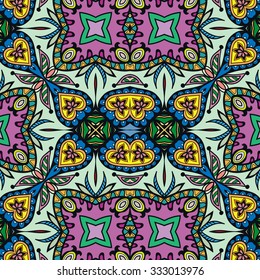 Vector seamless pattern, floral geometric ornament, tribal ethnic arabic indian motif. Hand drawn abstract sketchy background. Repeating fabric texture