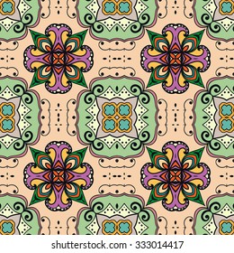 Vector seamless pattern, floral geometric ornament, tribal ethnic arabic indian motif. Hand drawn abstract sketchy background. Repeating fabric texture
