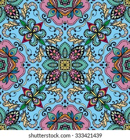 Vector seamless pattern, floral geometric ornament, tribal ethnic arabic indian motif. Hand drawn abstract sketchy background. Repeating fabric texture