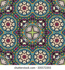 Vector seamless pattern, floral geometric ornament, tribal ethnic arabic indian motif. Hand drawn abstract sketchy background. Repeating fabric texture