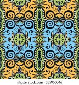 Vector seamless pattern, floral geometric ornament, tribal ethnic arabic indian motif. Hand drawn abstract sketchy background. Repeating fabric texture