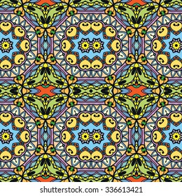 Vector seamless pattern, floral geometric ornament, tribal ethnic arabic indian motif. Hand drawn abstract sketchy background. Repeating fabric texture