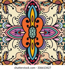 Vector seamless pattern, floral geometric ornament, tribal ethnic arabic indian motif. Hand drawn abstract  doodle sketchy background. Repeating fabric texture