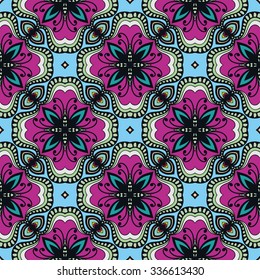 Vector seamless pattern, floral geometric ornament, tribal ethnic arabic indian motif. Hand drawn abstract sketchy background. Repeating fabric texture