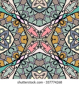 Vector seamless pattern, floral geometric ornament, tribal ethnic arabic indian motif. Hand drawn abstract sketchy background. Repeating fabric texture