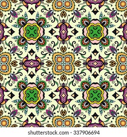 Vector seamless pattern, floral geometric ornament, tribal ethnic arabic indian motif. Hand drawn abstract sketchy background. Repeating fabric texture