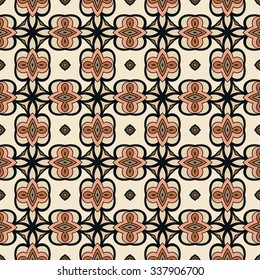 Vector seamless pattern, floral geometric ornament, tribal ethnic arabic indian motif. Hand drawn abstract sketchy background. Repeating fabric texture