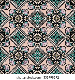 Vector seamless pattern, floral geometric ornament, tribal ethnic arabic indian motif. Hand drawn abstract sketchy background. Repeating fabric texture