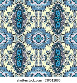 Vector seamless pattern, floral geometric ornament, tribal ethnic arabic indian motif. Hand drawn abstract sketchy background. Repeating fabric texture