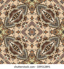 Vector seamless pattern, floral geometric ornament, tribal ethnic arabic indian motif. Hand drawn abstract sketchy background. Repeating fabric texture
