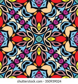 Vector seamless pattern, floral geometric ornament, tribal ethnic arabic indian motif. Hand drawn abstract sketchy background. Repeating fabric texture