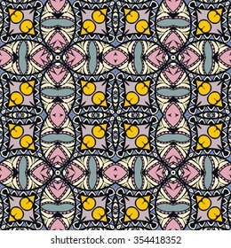 Vector seamless pattern, floral geometric ornament, tribal ethnic Arabic Indian motif. Hand drawn abstract doodle fantasy background. Repeating fabric texture