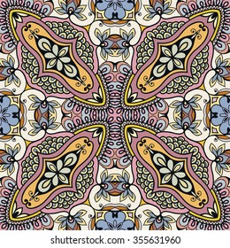 Vector seamless pattern, floral geometric ornament, tribal ethnic arabic indian motif. Hand drawn abstract doodle fantasy background. Repeating fabric texture