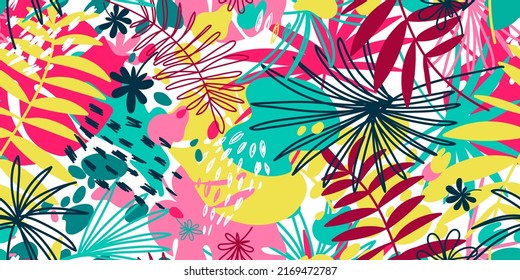 Patrón vectorial sin fisuras con elementos dibujados a mano floral. Color claro del fondo tropical.