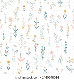 Vector seamless pattern with floral herbarium on cellular geometric background. Cute herbs and flowers with duct tape. Trend illustration in Scandinavian hand-drawing style.