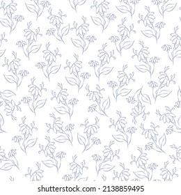 Vector. Seamless pattern floral lavender background. Contour drawing of a flower. Bouquet of wild flowers. Hand drawn flower field. Simple flowers. Flowering heads of field chamomile. Outline drawing.