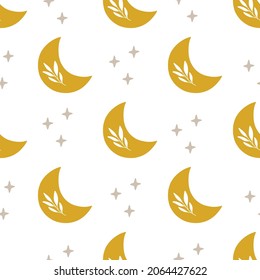 Vector seamless pattern with floral moon, stars. Trendy celestial ornament on white background. Boho Illustration. Print for fabric, textile, kids and baby clothes, paper wrapping, wallpaper.