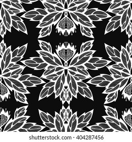 Vector seamless pattern with floral motifs in retro style. Black and white oriental background.