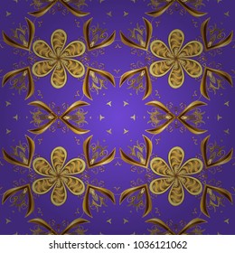 Vector seamless pattern with floral ornament. Ornamental lace tracery. Golden ornate illustration for wallpaper. Traditional arabic decor on violet, brown and yellow colors. Vintage design element.