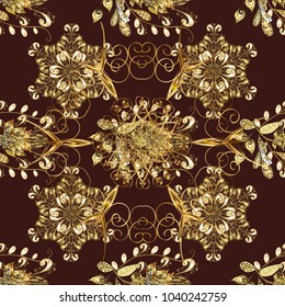 Vector seamless pattern with floral ornament. Vintage design element in Eastern style. Traditional arabic decor on brown, beige and yellow colors. Illustration for wallpaper. Ornamental lace tracery.