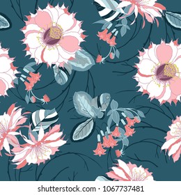 Vector seamless pattern of floral ornament of exotic flower and tropical leaves on dark blue background. Wallpaper in English style, print for textile.Vector illustration.