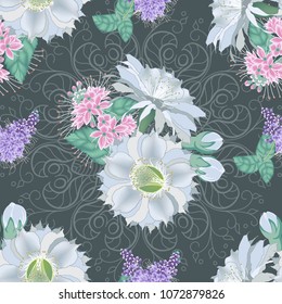 Vector seamless pattern of floral ornament of exotic and wild flowers on dark gray background. Wallpaper in English style, print for textile.Vector illustration.