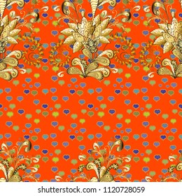 Vector seamless pattern with floral ornament. Traditional arabic decor on orange, yellow and brown colors. Golden ornate illustration for wallpaper. Vintage design element in Eastern style.