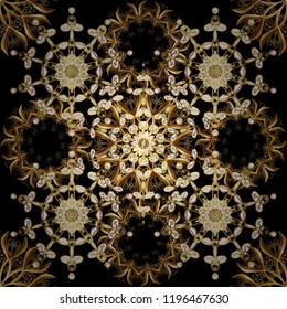 Vector seamless pattern with floral ornament. Golden illustration for wallpaper. Vintage design element in Eastern style. Traditional arabic decor on black, brown colors. Ornamental lace tracery.